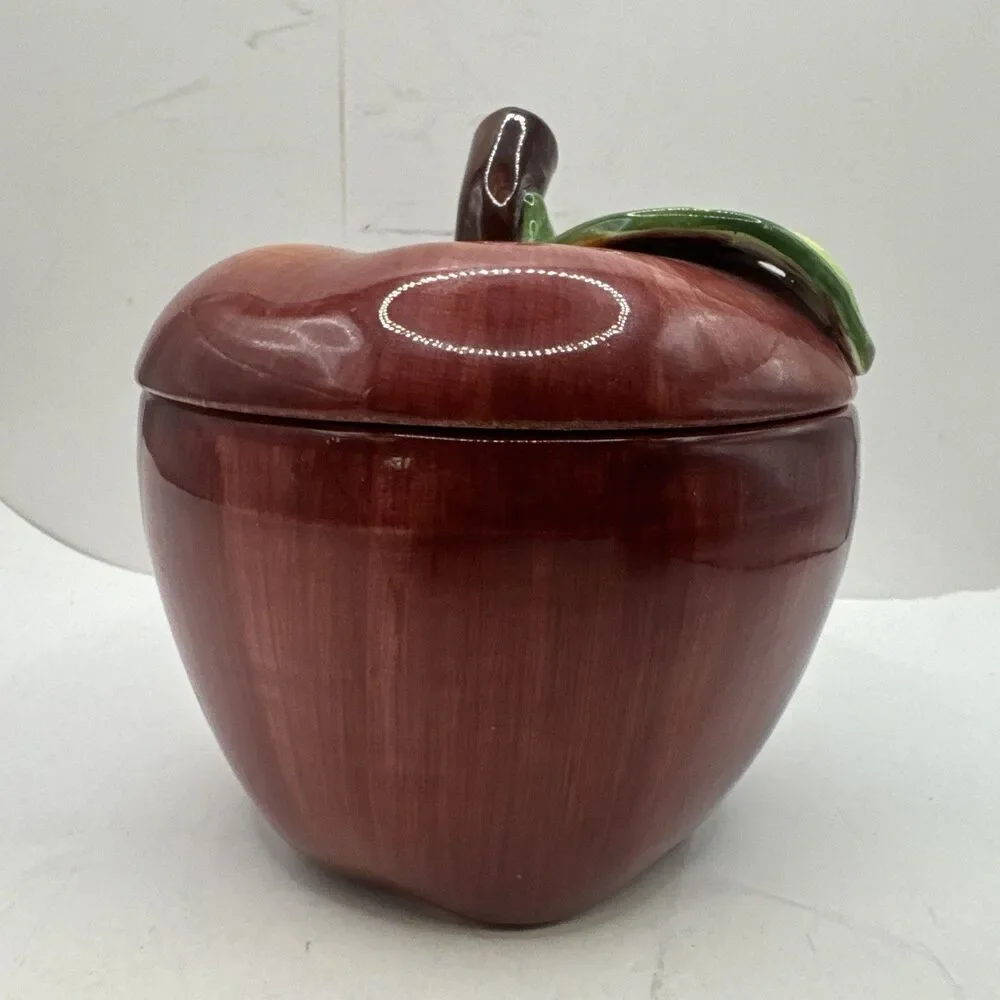 Vintage Red Apple Cookie Canister Jam Jar w/ Serving Utensil Opening